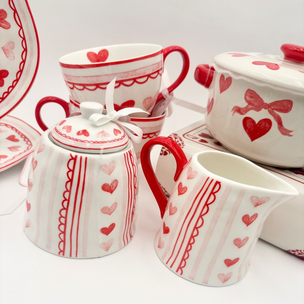 Grace Bake Shop Hearts Ceramic Baking Set Measuring Cups Sugar Creamer Plates - Picture 4 of 11